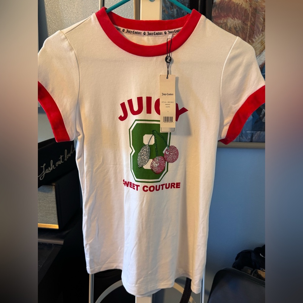 NWT Juicy Couture cherry graphic ringer tee Y2K baby tee fitted white red